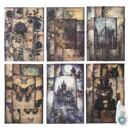 180Pcs Dark Fantasy Scrapbook Paper, Vintage Gothic Journal Ephemera Pack, Junk Journal Supplies for Scrapbooking Kit, with Glue Tape