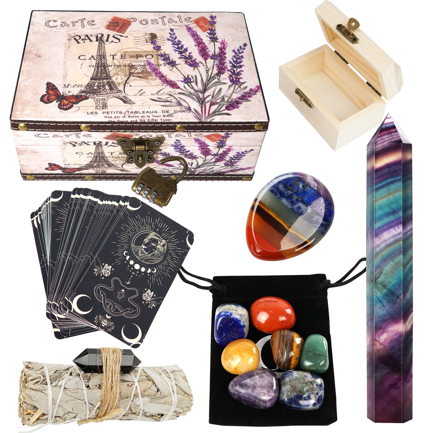 【Fulfillment by Amazon】Crystals and Healing Stones with Oracle Cards, Chakra Stones White Sage Crystal Tower in Vintage Box Spiritual Gifts for Women Men