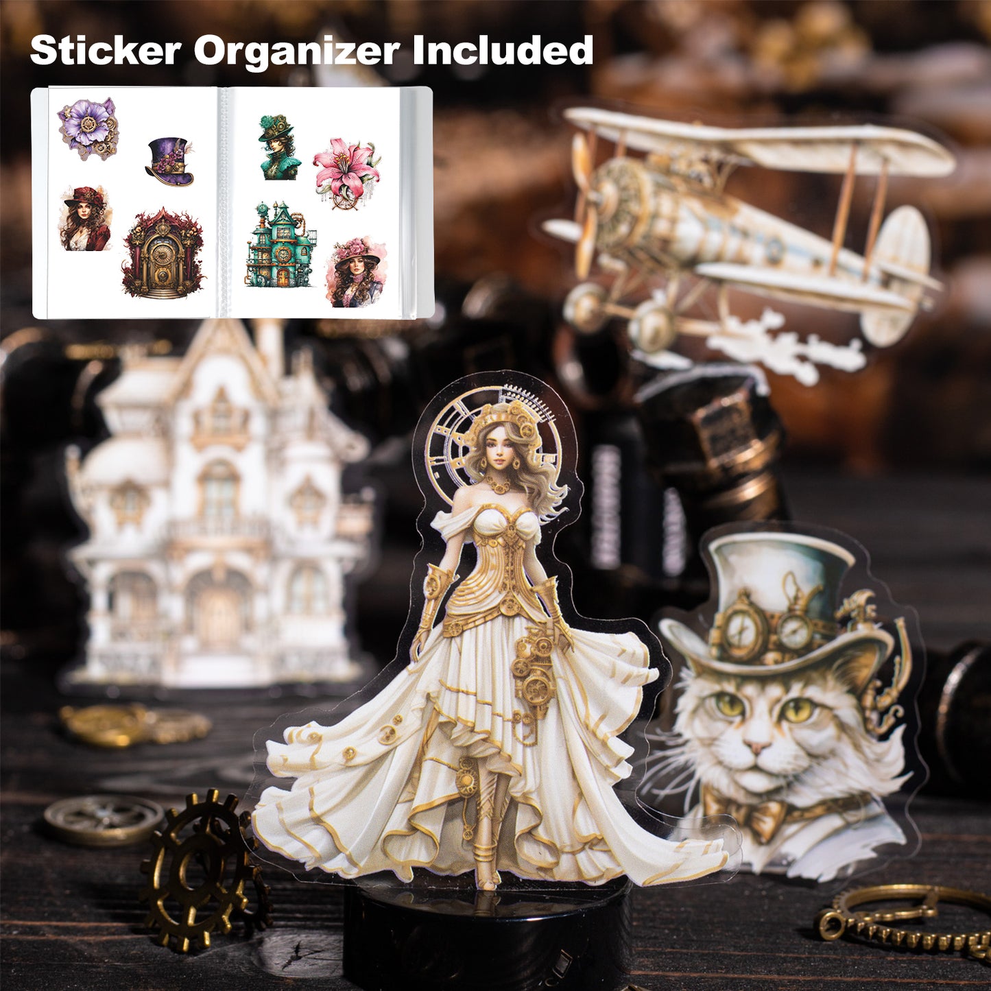 120Pcs Steampunk PET Stickers, Scrapbook Stickers Kit for Journaling, Ephemera Packs for Junk Journals, with Sticker Organizer