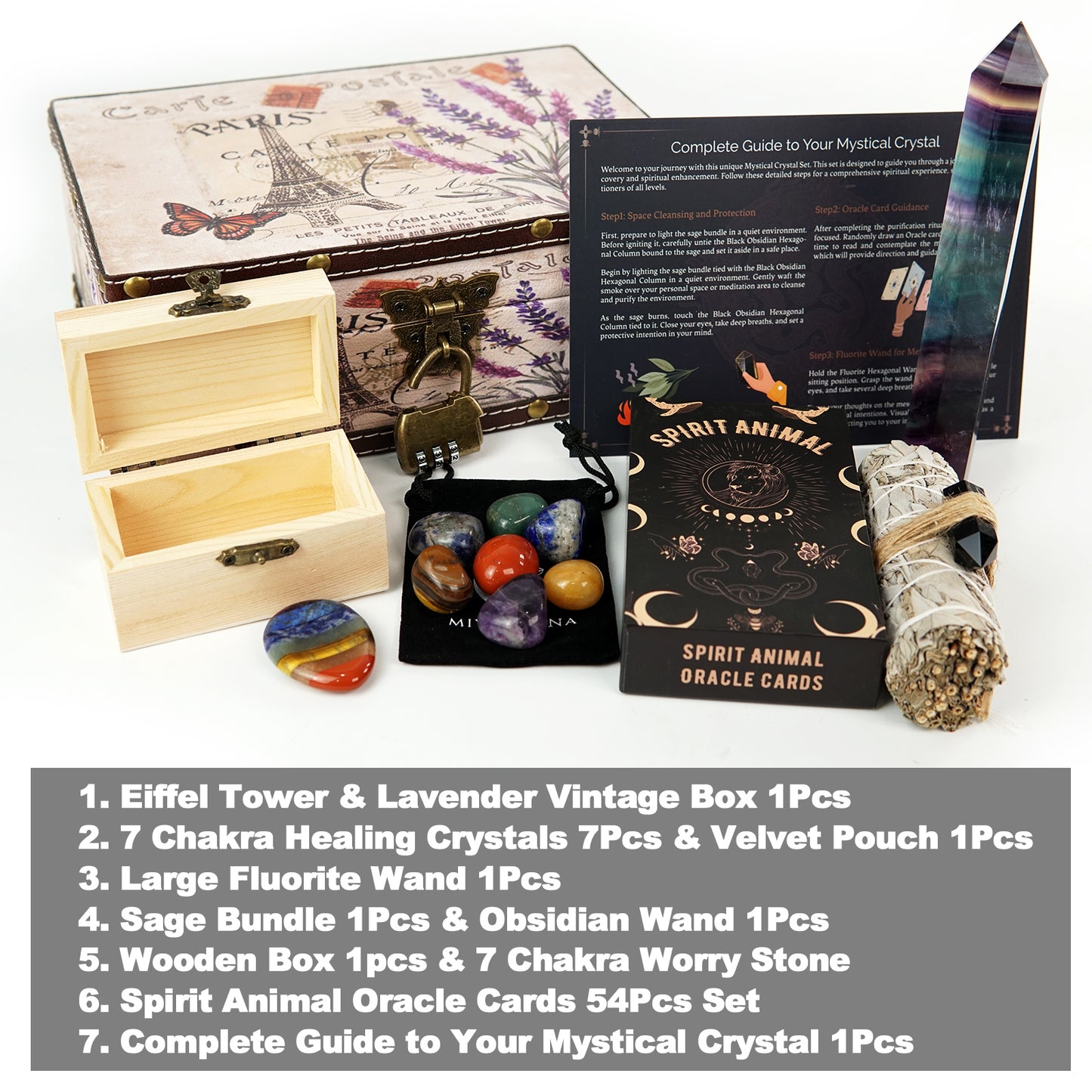 【Fulfillment by Amazon】Crystals and Healing Stones with Oracle Cards, Chakra Stones White Sage Crystal Tower in Vintage Box Spiritual Gifts for Women Men